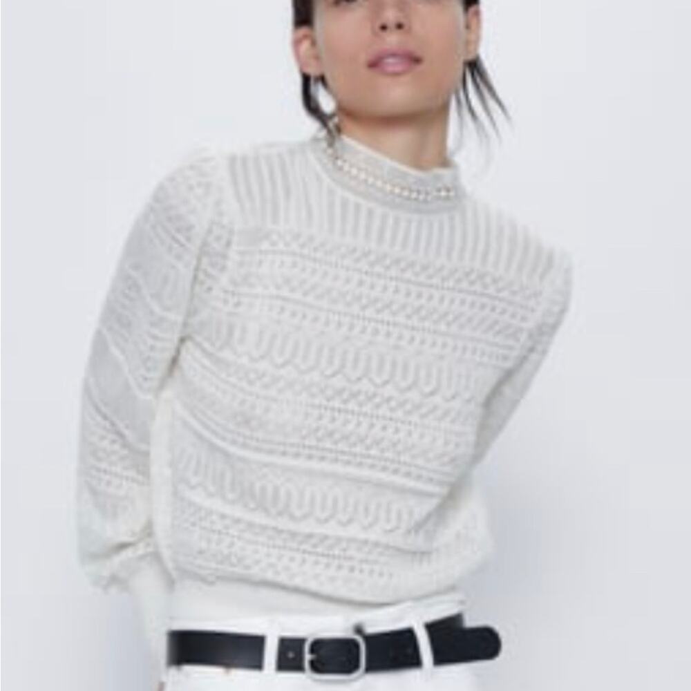 Zara ecru lace knit pointell open knit sweater size Large